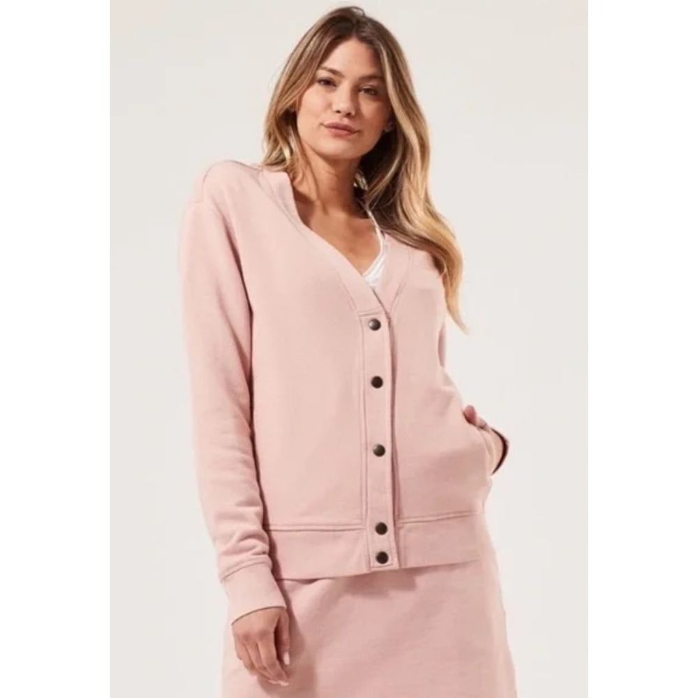 Pact Essential Vintage Cardigan Snap Button XS Pink Organic Cotton Knit Sweater